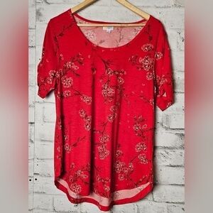 Lularoe Morgan Red Floral Print T-Shirt Ruched Sleeve NWOT